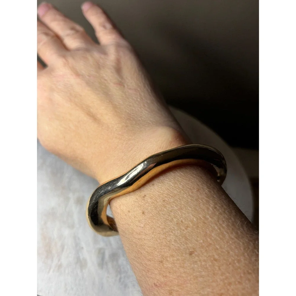 Gold Tone Organic Wavy Cuff Bracelet Sculptural Statement Open Bangle